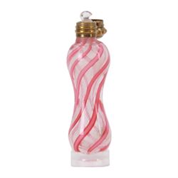 Small 19th century Clichy glass scent bottle, circa 1860, the waisted cylindrical body decorated with pink and white cane stripes, with dore bronze hinged cover opening to reveal internal glass stopper, H6cm