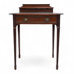 Edwardian mahogany writing desk, raised hinged compartment fitted with divisions, shaped and moulded top with leather inset, fitted with single drawer, on fluted square tapering supports with spade feet