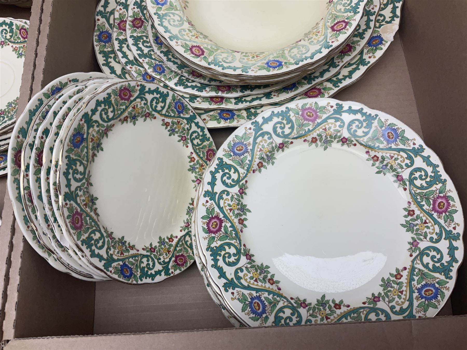 Royal Cauldon Evesham pattern dinner wares, including dinner plates, tureens, egg cups, bowls, sides plates and saucers