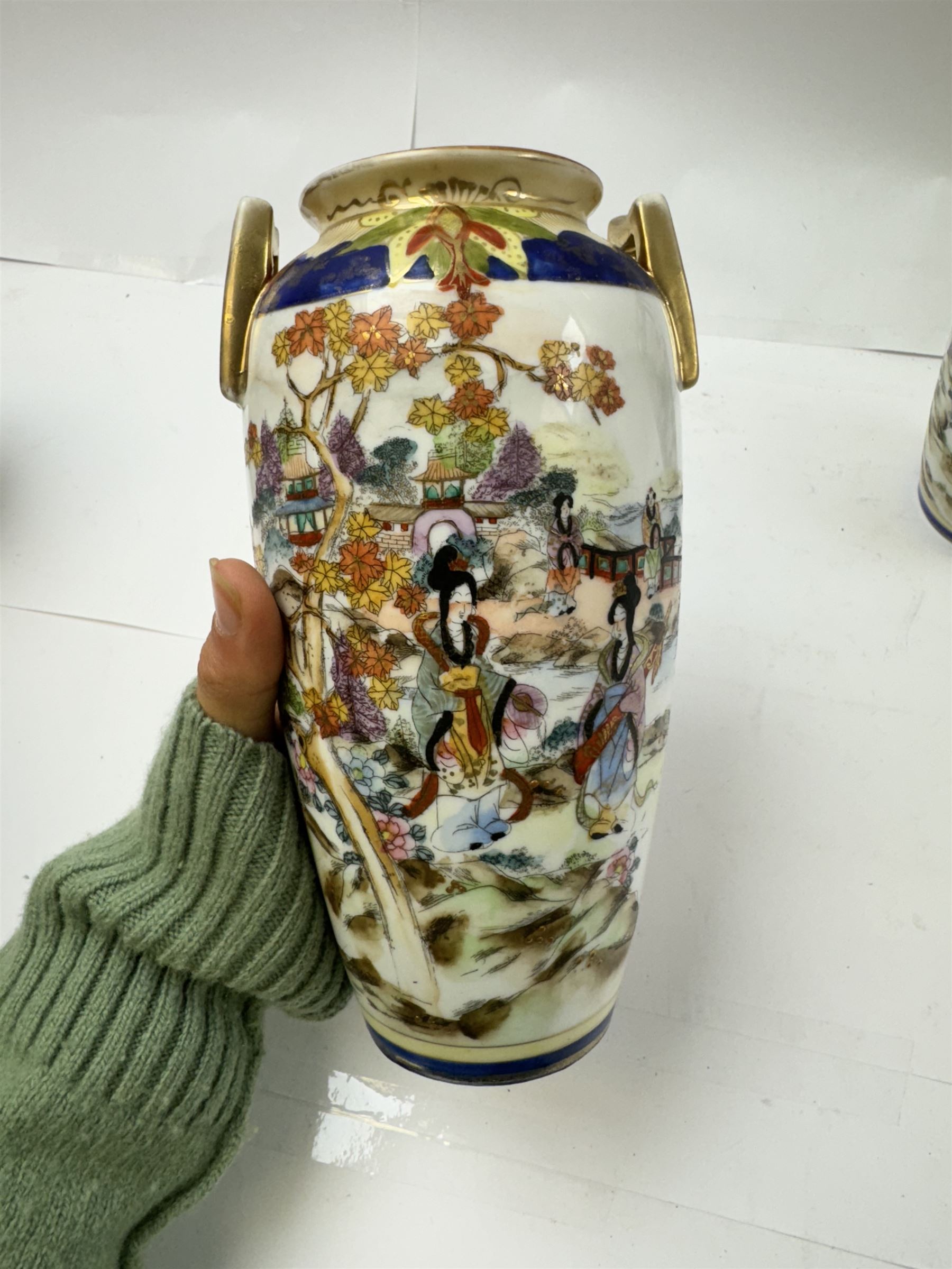 Pair of Noritake Chinoiserie pattern vases, together with two other Noritake vases, H21cm