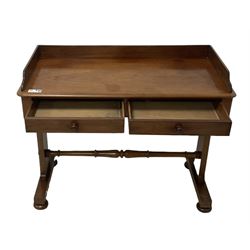 Victorian mahogany washstand, three-quarter raised gallery back, rectangular top with over two drawers, on shaped end supports united by ring-turned stretcher