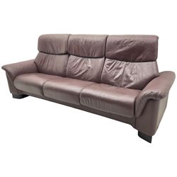 Ekornes Stressless - three-seat sofa upholstered in chocolate brown leather, with high backrests, cushioned headrests, and manual reclining mechanism (L248cm, D84cm, H102cm); with matching two-seat sofa (L184cm, D84cm, H102cm)