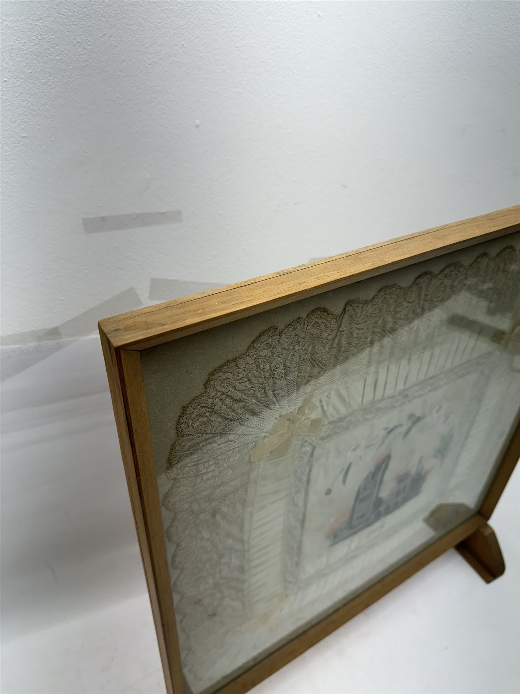 Framed WWI hand painted silk serviette with lace edges, painted with a building 'Arras' H60cm