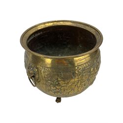 19th century copper coal scuttle, brass twin-handled planter, the bulbous body embossed with fruiting vines, H23cm (2)