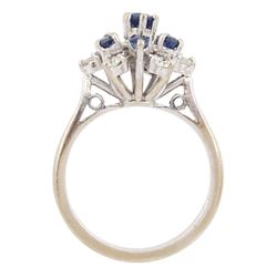 18ct white gold sapphire and single cut diamond cluster ring, stamped