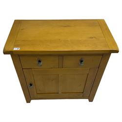 Light oak side cabinet, rectangular top over drawer and cupboard