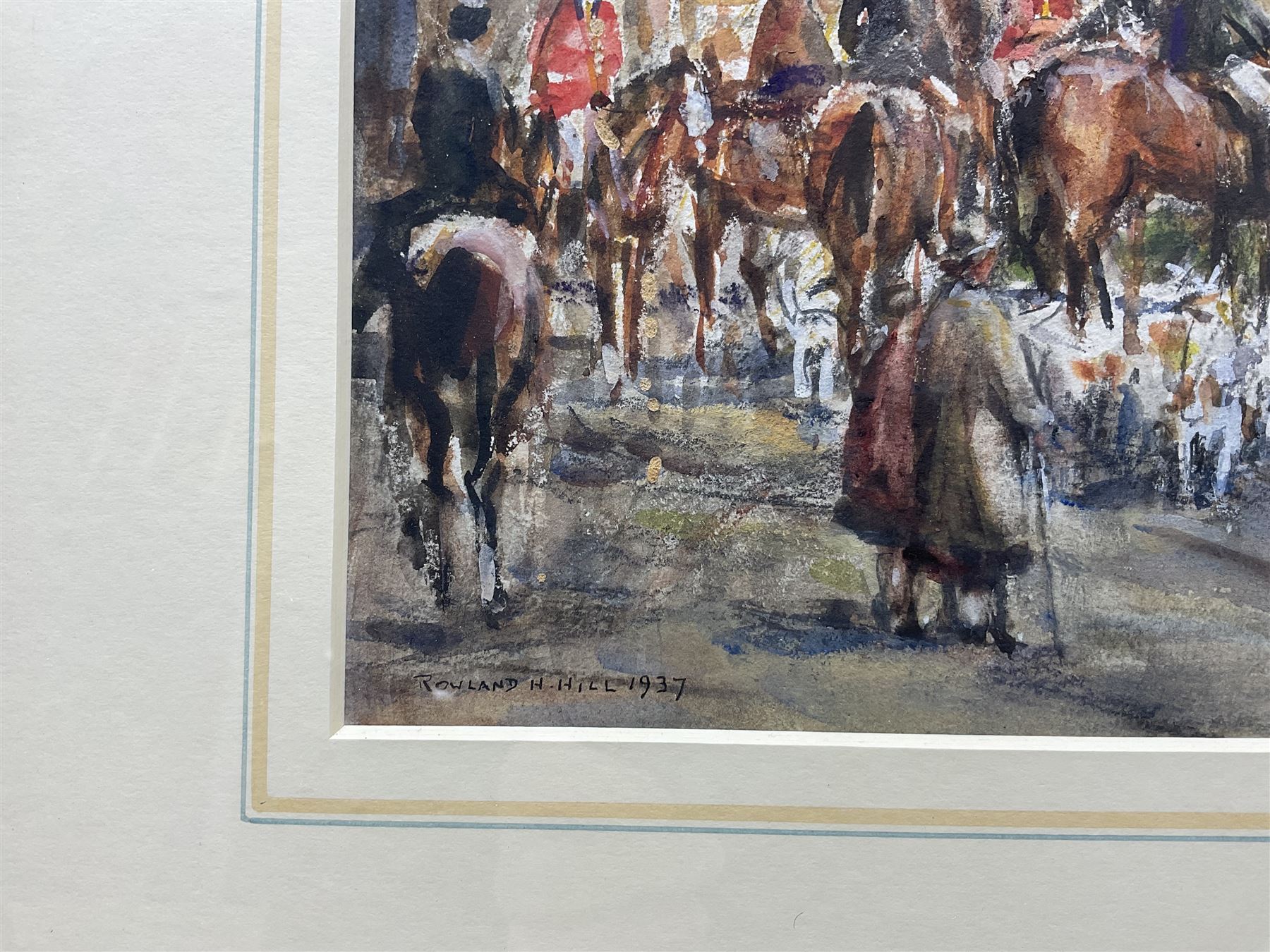 Rowland Henry Hill (Staithes Group 1873-1952): 'Goathland Hounds at Lythe', watercolour and gouache signed and dated 1937, original title label verso 26cm x 36cm