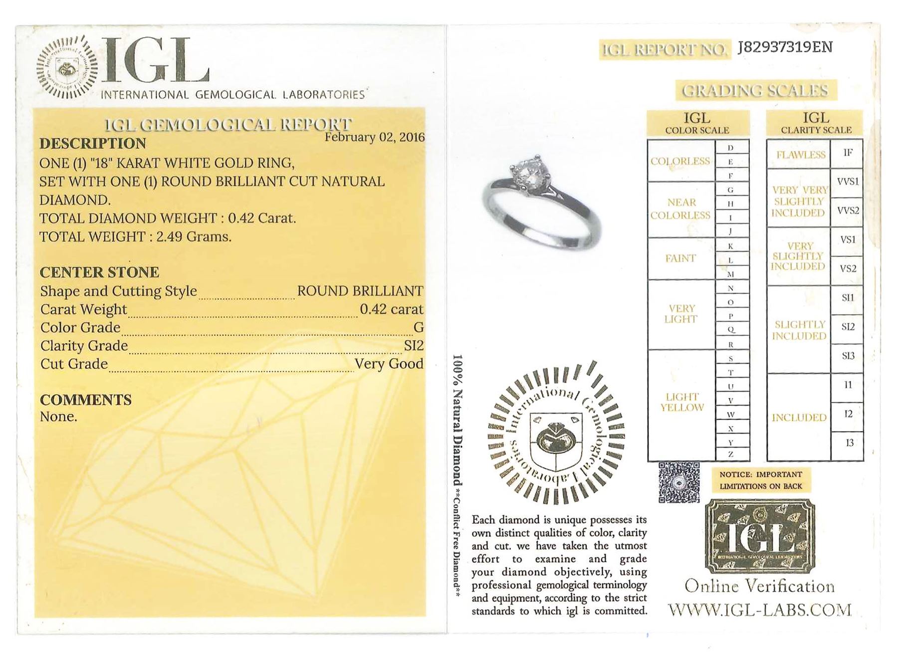 18ct gold single stone round brilliant cut diamond ring, hallmarked, diamond 0.42 carat, with IGL report