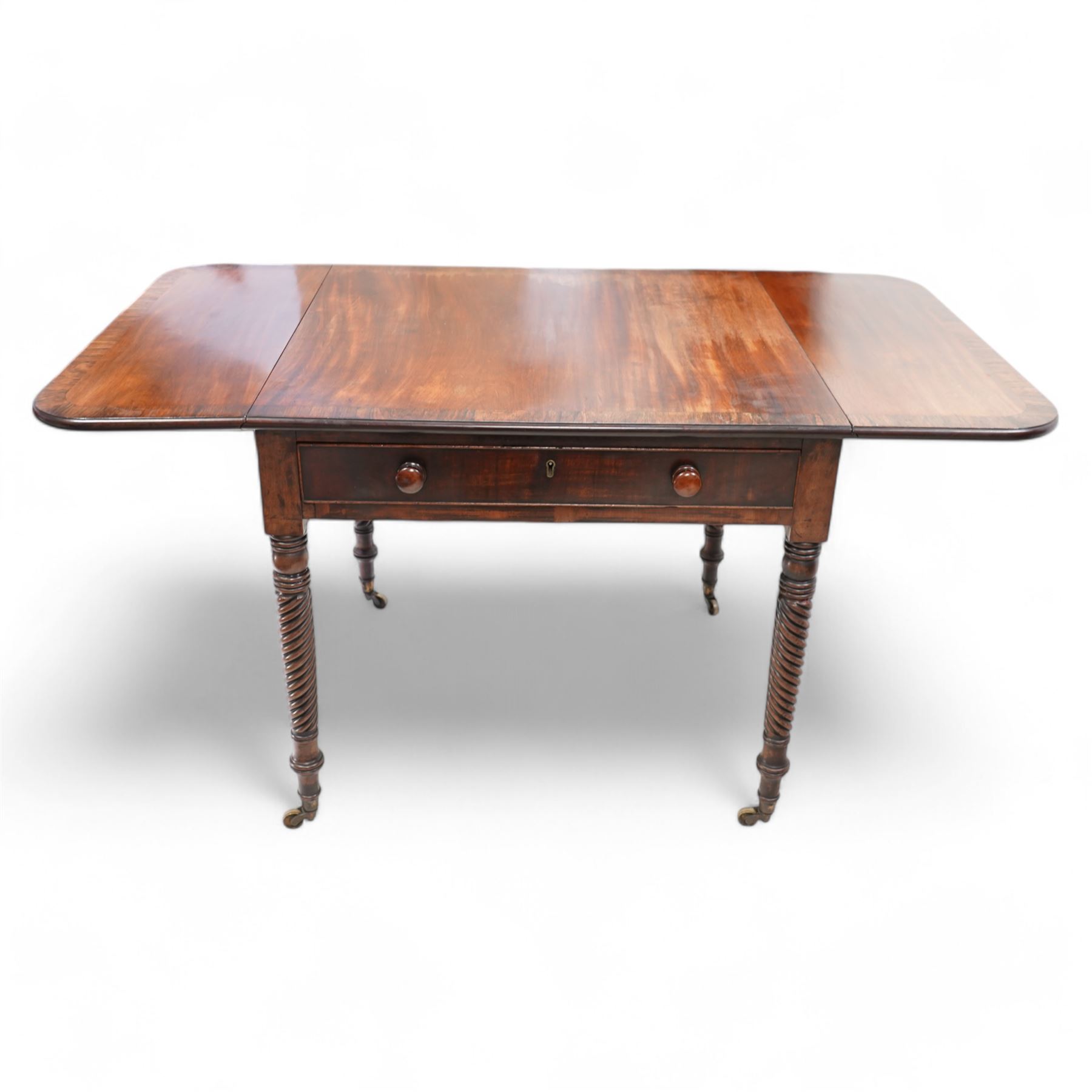 19th century mahogany centre table, moulded drop-leaf top with rounded corners and rosewood band, fitted with single cock-beaded drawers and opposing false drawer, on rope twist supports with brass cups and castors 