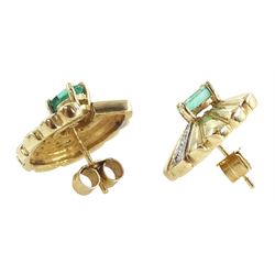 Pair of 9ct gold emerald and diamond fan design stud earrings, London 1992