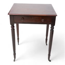 Small 19th century mahogany side table, rectangular top fitted with single drawer, raised on turned supports terminating to castors