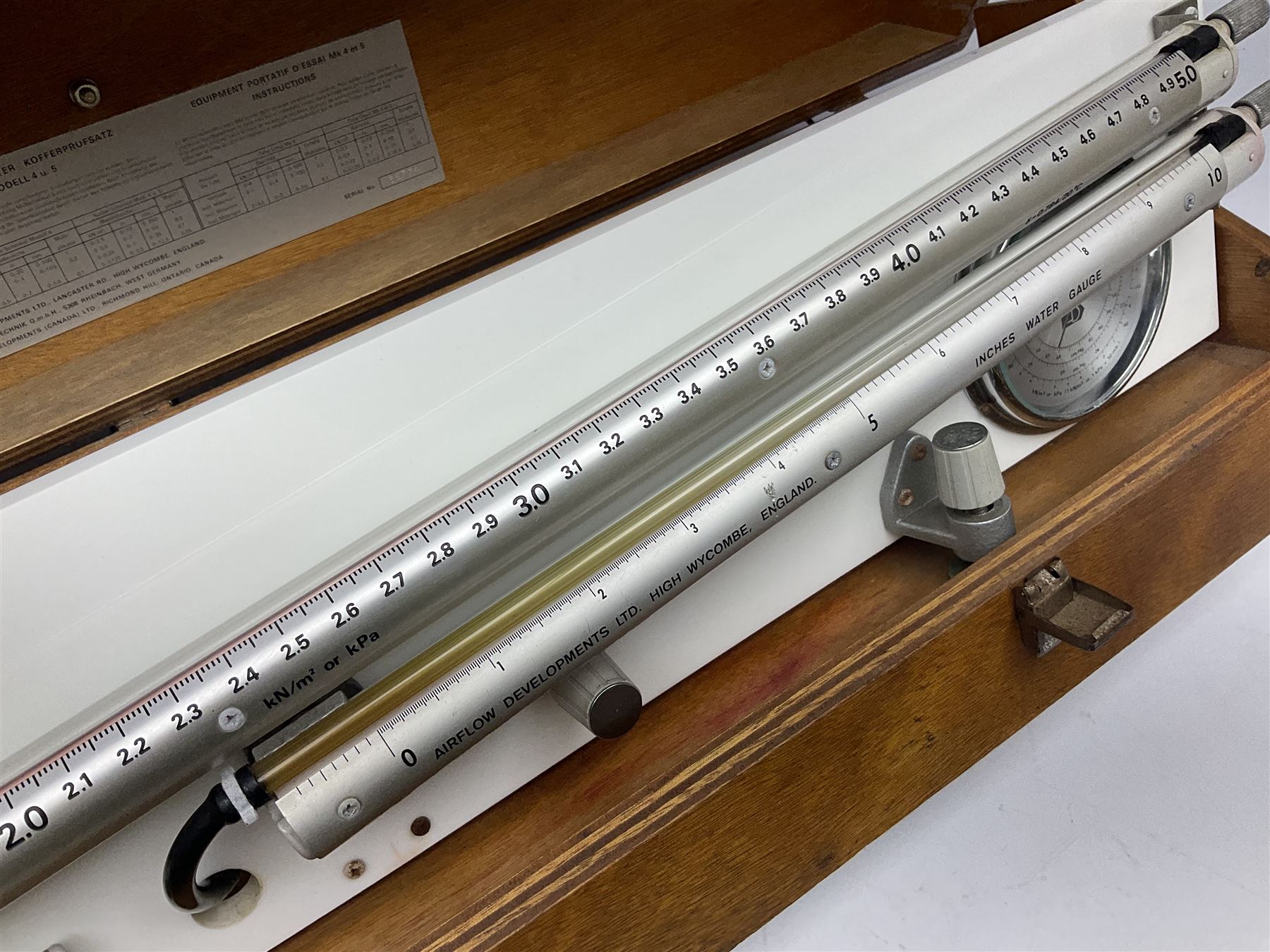 Airflow Developments Ltd. Mk.4/5 airflow testing set (Manometer), serial no.35774, in wooden case with four folding legs L83cm