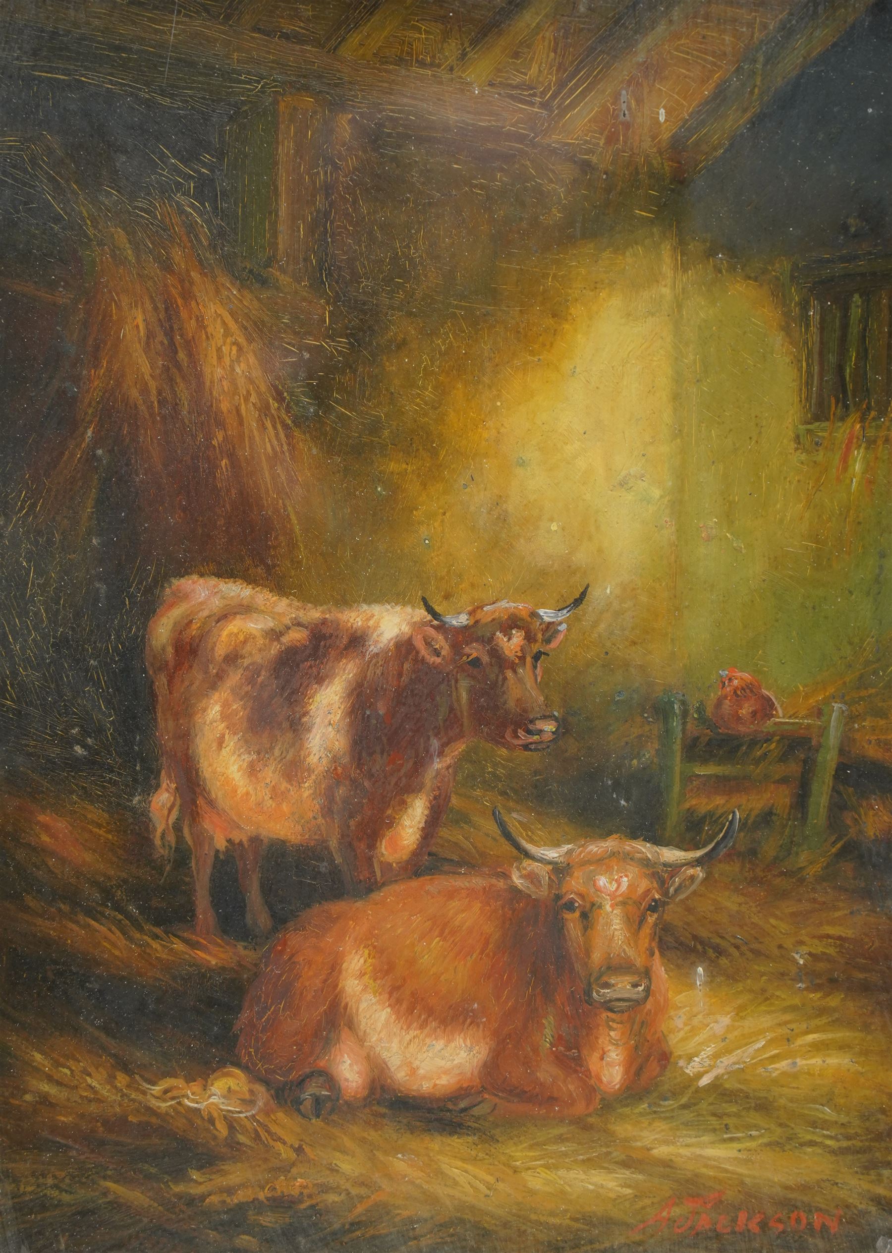 A Jackson (British Early 20th century): Two Horned Cows in a Barn, oil on board signed 26cm x 19cm