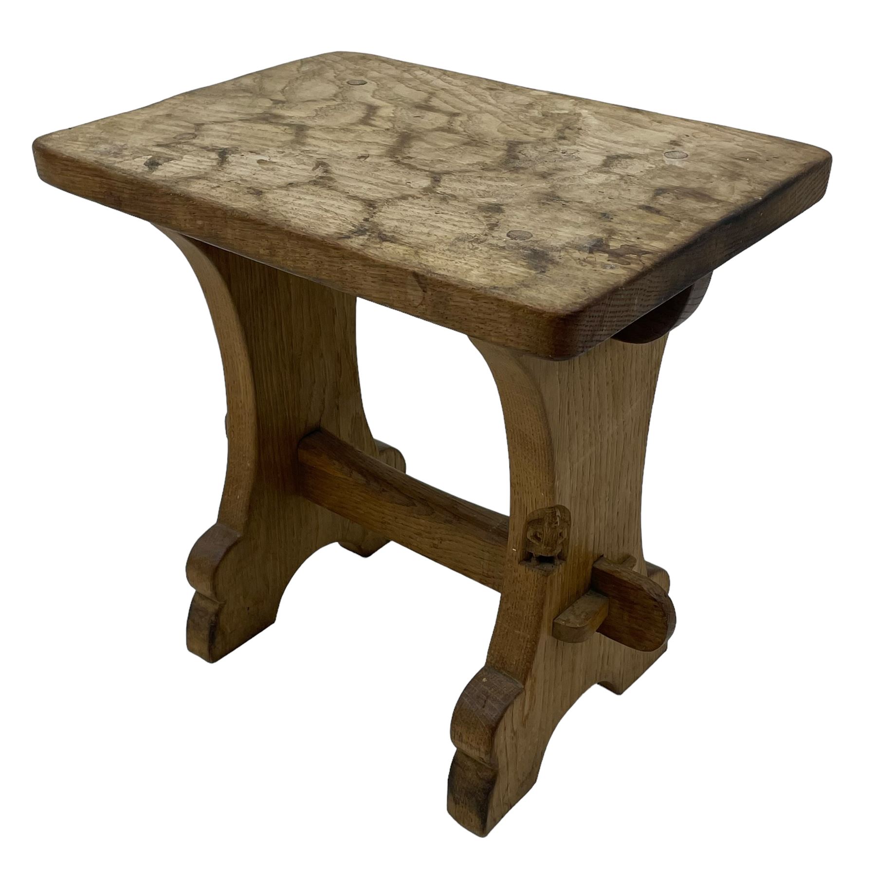 Gnomeman - three oak occasional tables, rectangular adzed top on shaped end supports united by pegged stretcher, each carved with gnome signature, by Thomas Whittaker, Littlebeck, the largest - 46cm x 29cm, H37cm