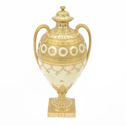 Royal Crown Derby twin handled vase and cover, circa 1886, decorated with raised and toole...