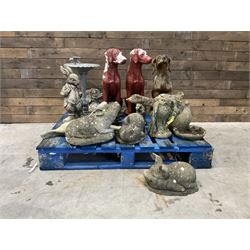 Various cast stone and composite garden ornaments, to include Peter Rabbit, goose, pigs, d...