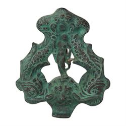 19th century Italian cast iron door locker, the centre modelled as a nude female figure wi...