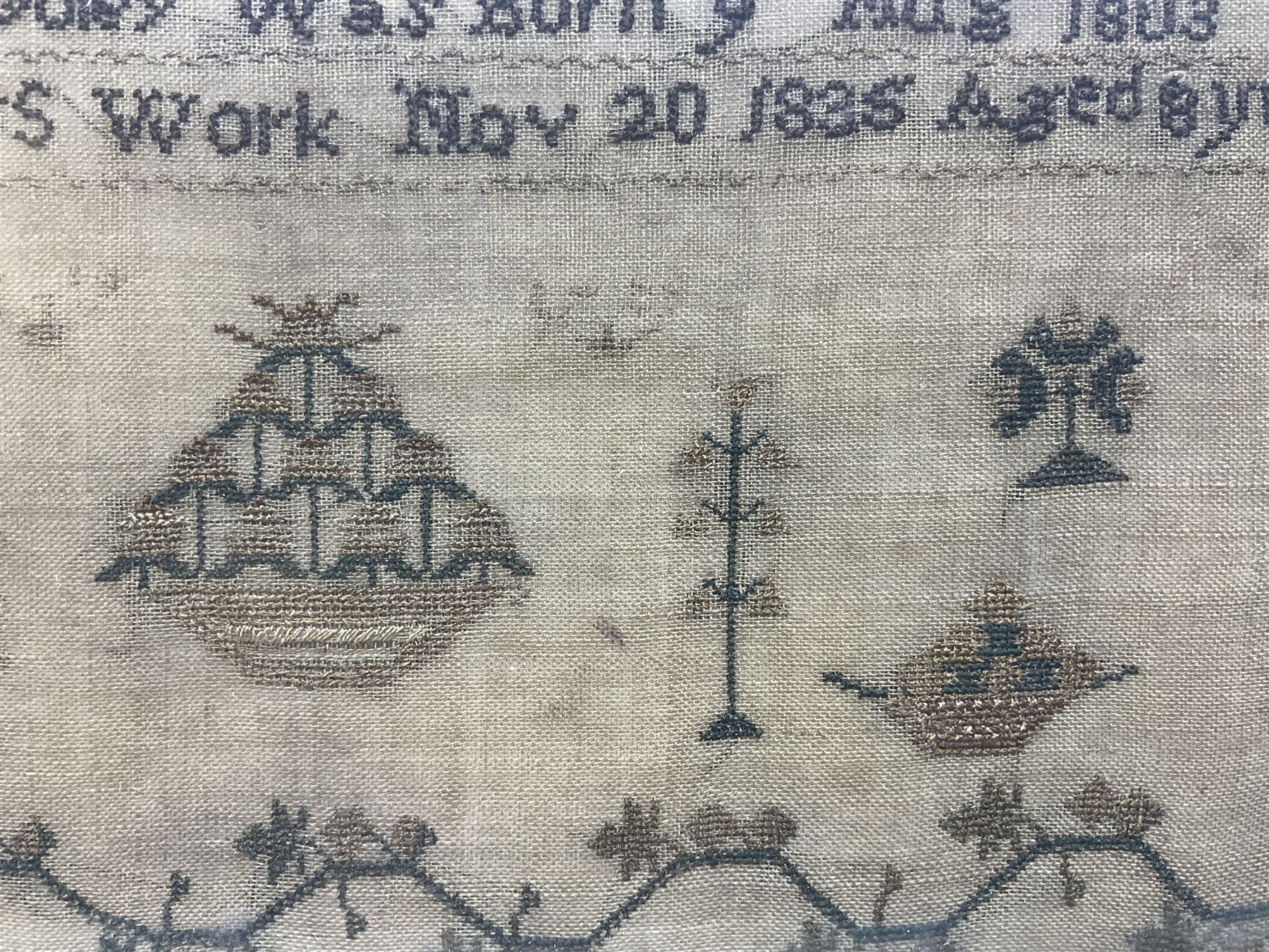 William IV needlework sampler by Ann Coley aged 8 years, dated 1835, embroidered with 'The Register of William and Alice Coley's Children' in a floral border, framed, frame H45cm