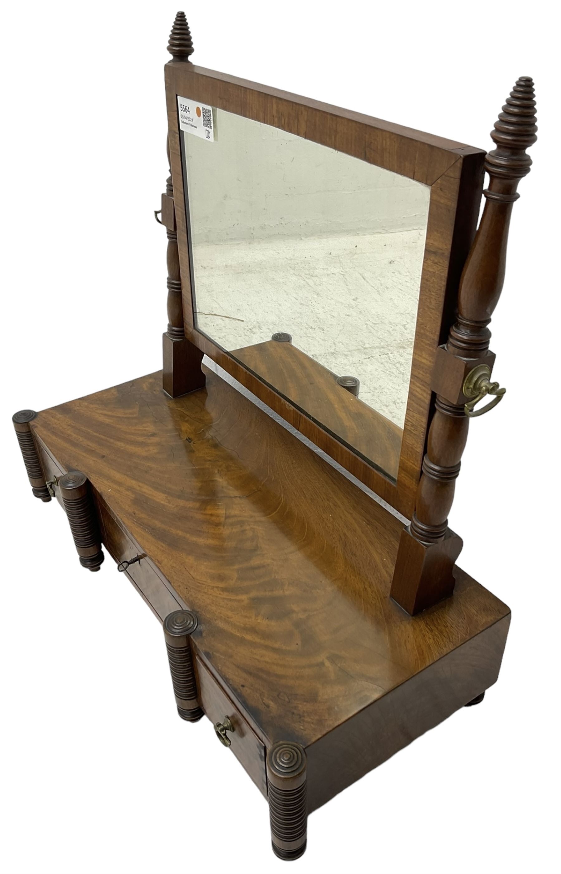 19th century mahogany dressing table mirror, rectangular plate, fitted with three trinket drawers, on ring turned uprights and supports