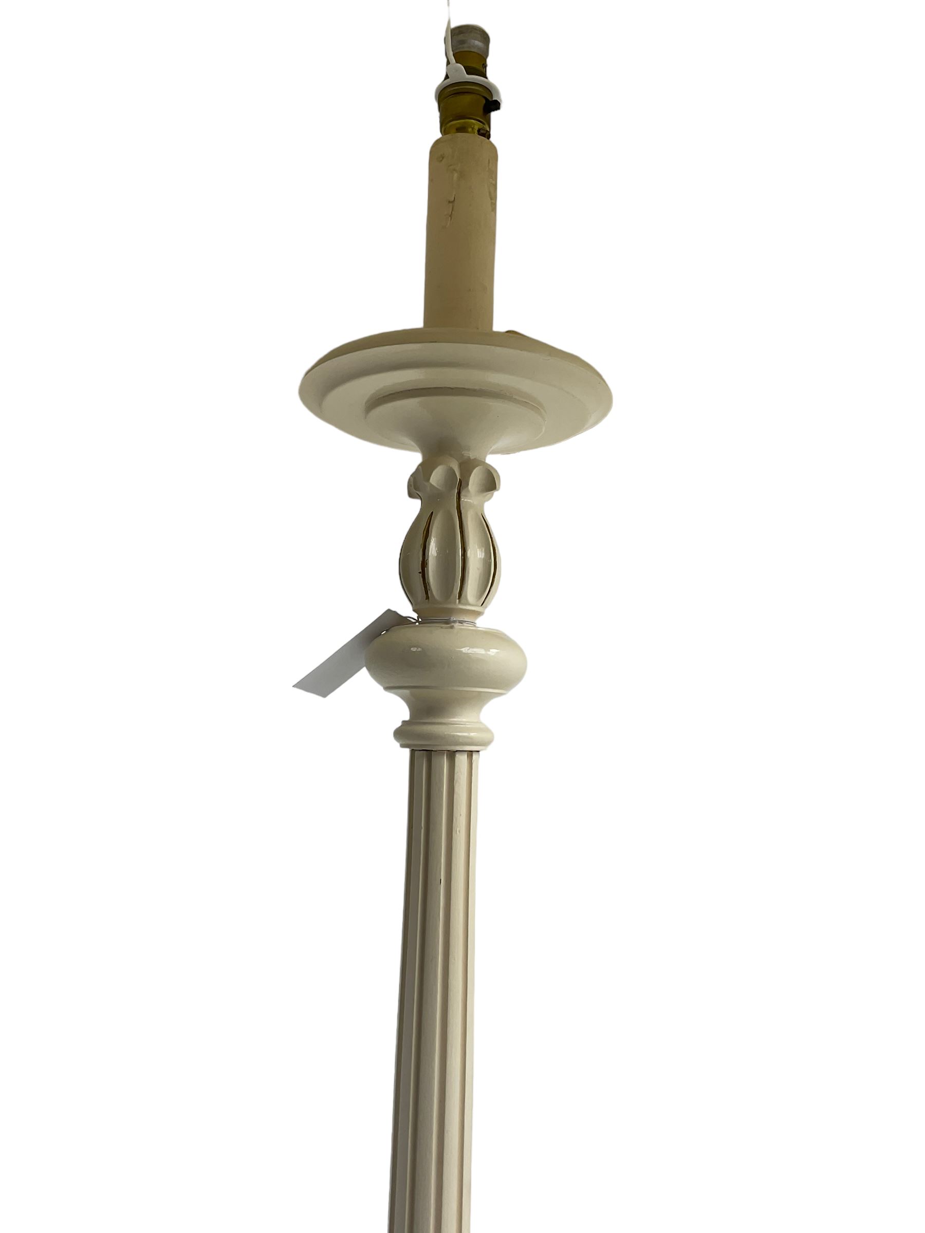 Victorian design Classical standard lamp, turned and fluted column with circular base, in cream finish, with matching fringed shade 