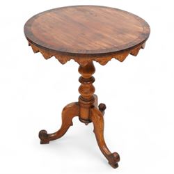 19th century rosewood and mahogany tripod table, circular tilt-top with rosewood band and ...