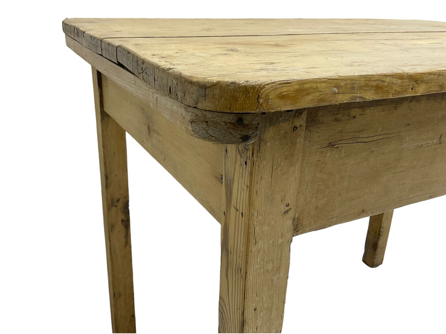 19th century rustic stripped pine side table, two plank rectangular top over square supports