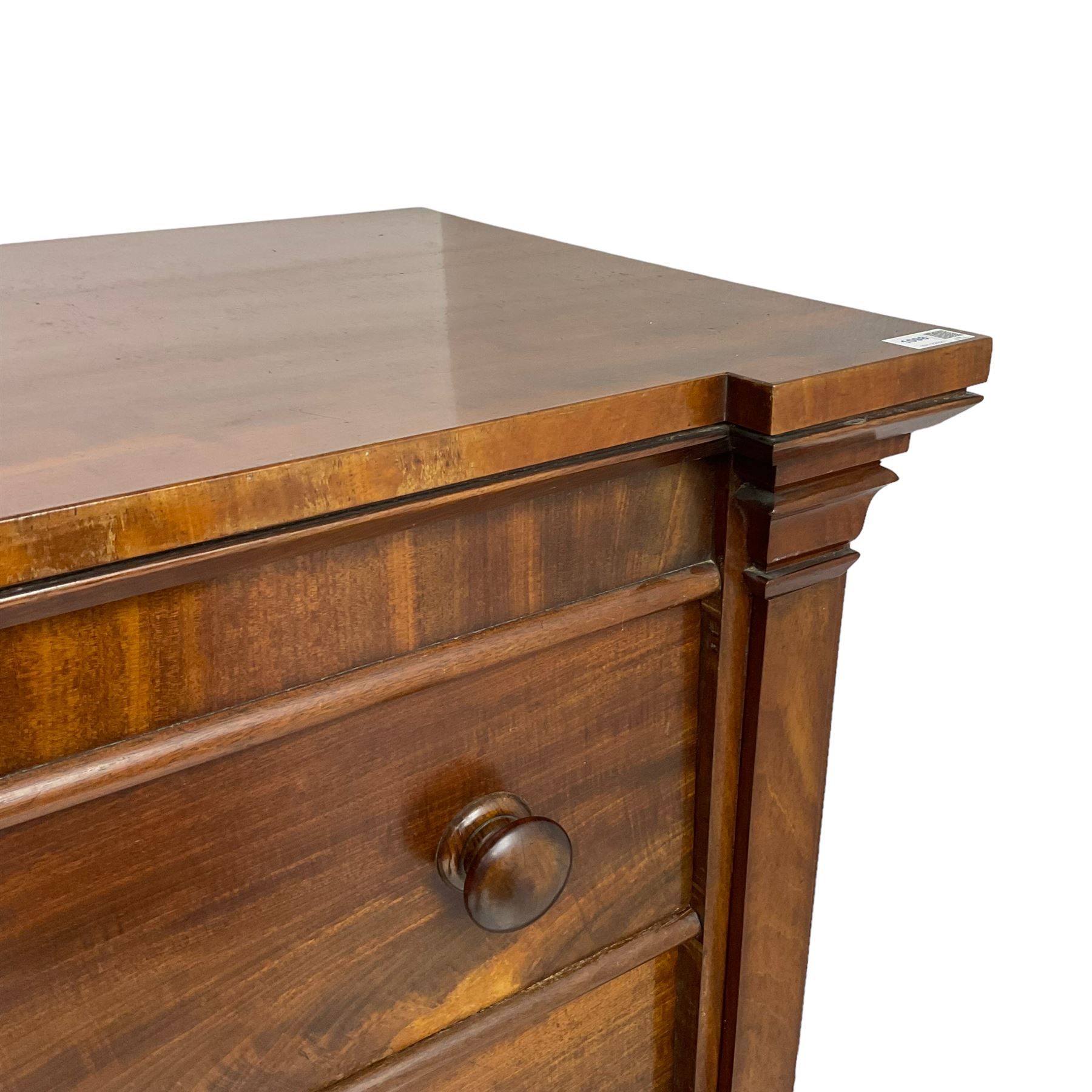 Victorian mahogany straight fronted chest, fitted with four drawers enclosing by square upright pilasters, on stepped chamfered plinth base