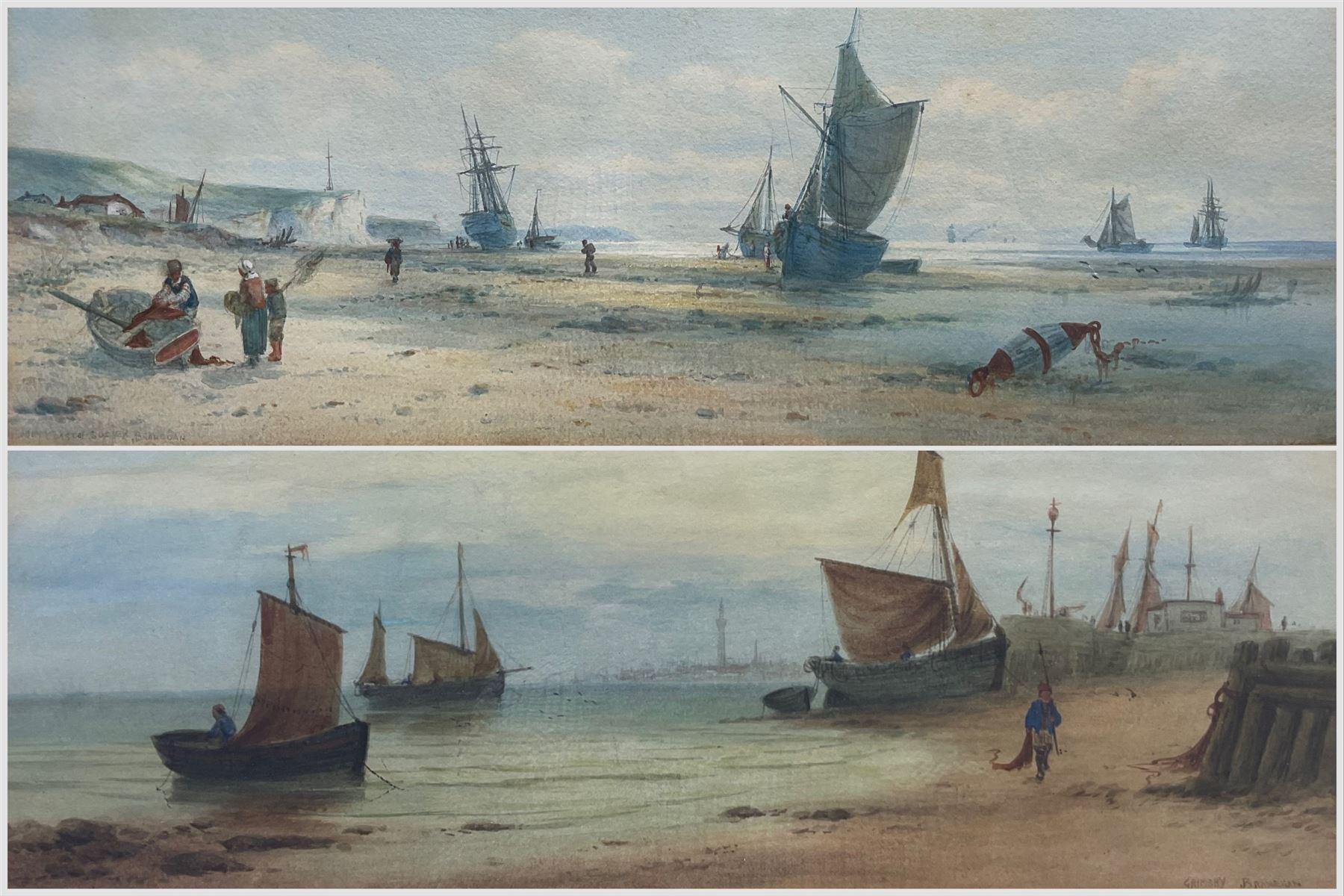 John Francis Branegan (British 1843-1909): 'Grimsby’ and ‘Midday Coast off Sussex’ pair watercolours signed and titled 22cm x 47cm (2)