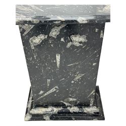 Marble hall table with orthoceras and goniatite inclusions, the rectangular top upon two rectangular stepped plinths, H78cm, L135cm, D77cm