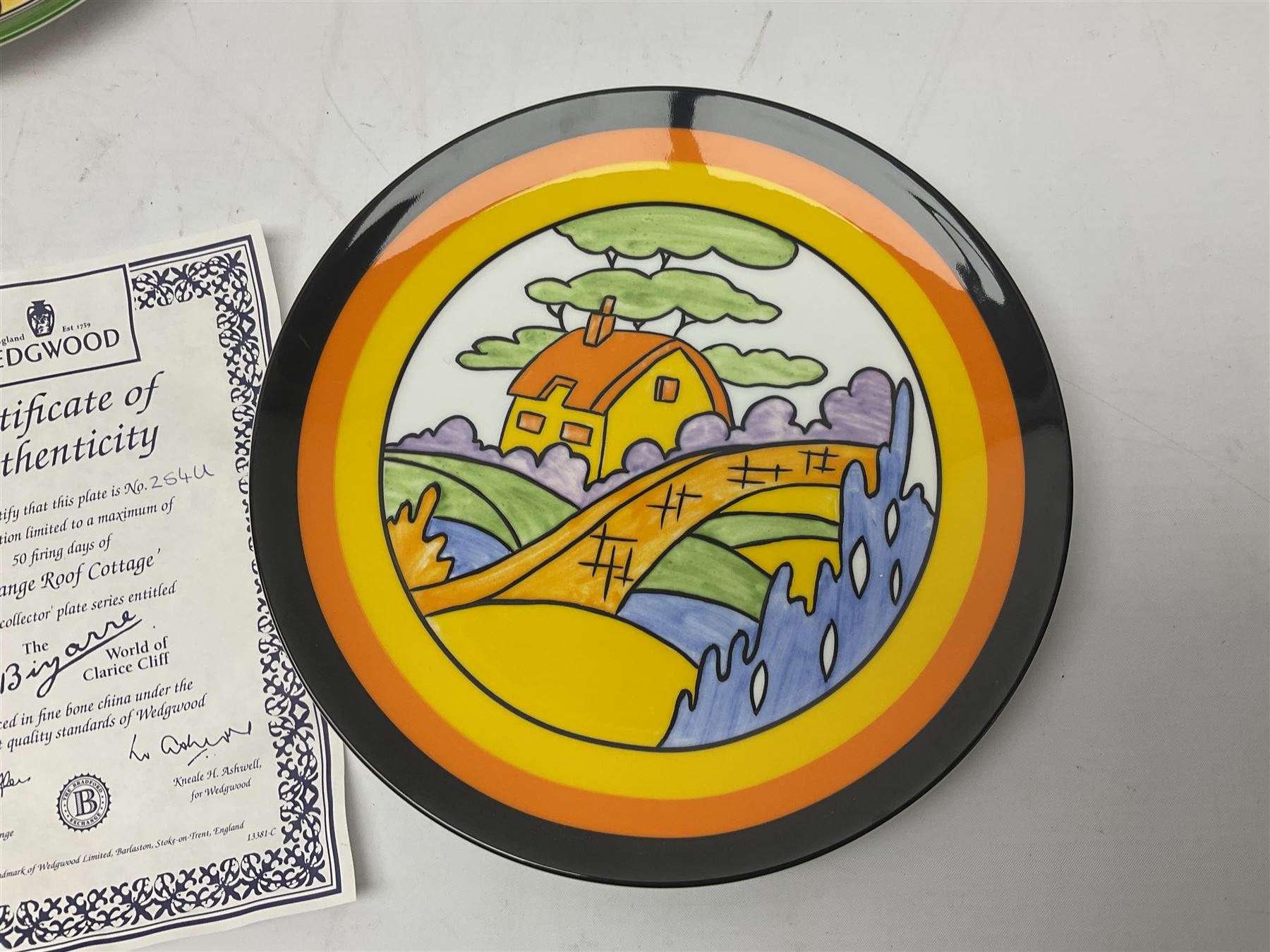 Thirteen Clarice Cliff Wedgwood limited edition plates, including Orange Roof Cottage, Summerhouse, Honolulu, Farmhouse etc, D20cm 