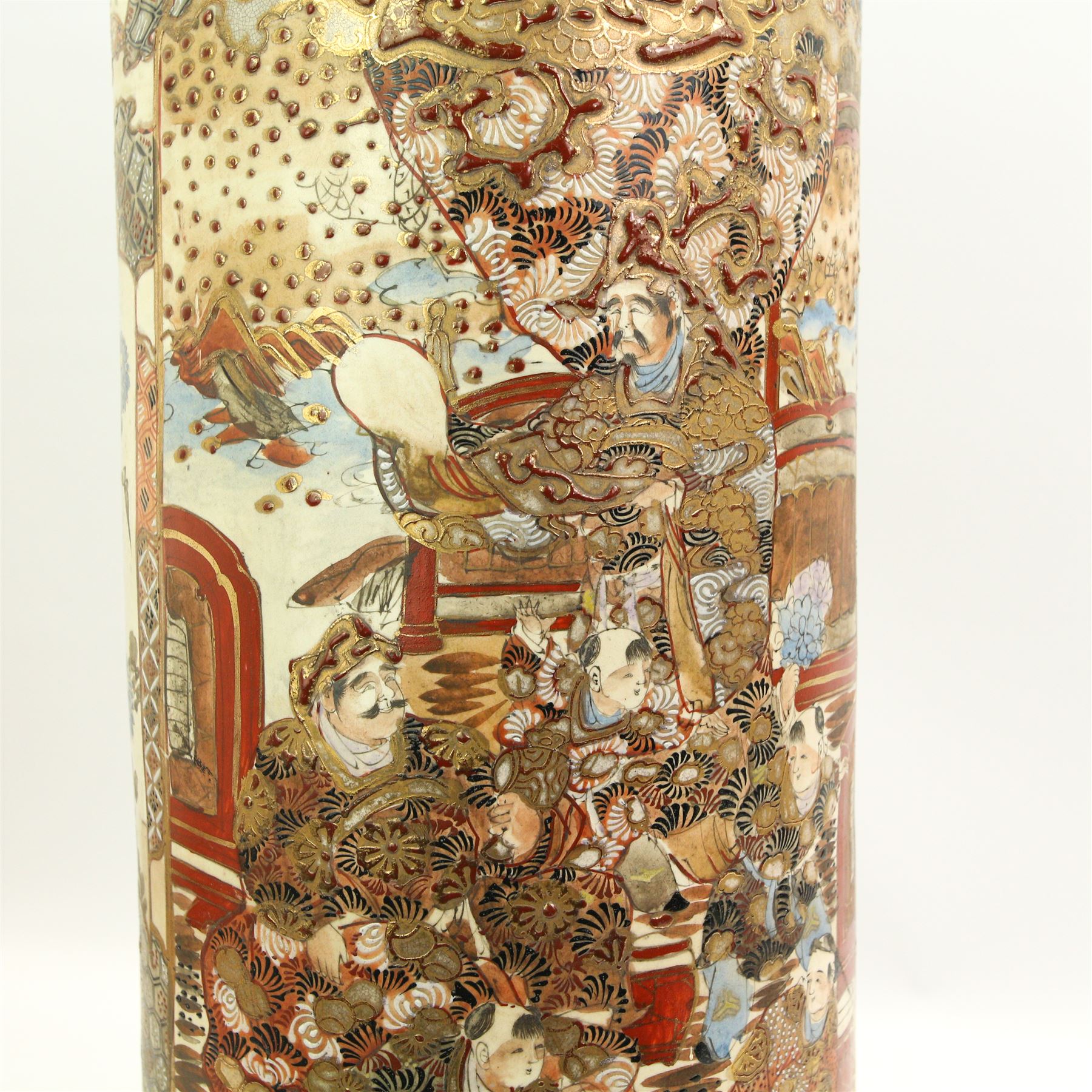 Early 20th century Japanese Satsuma stick/ umbrella stand, decorated with panels of figures, in raised polychrome and gilt, H64cm 