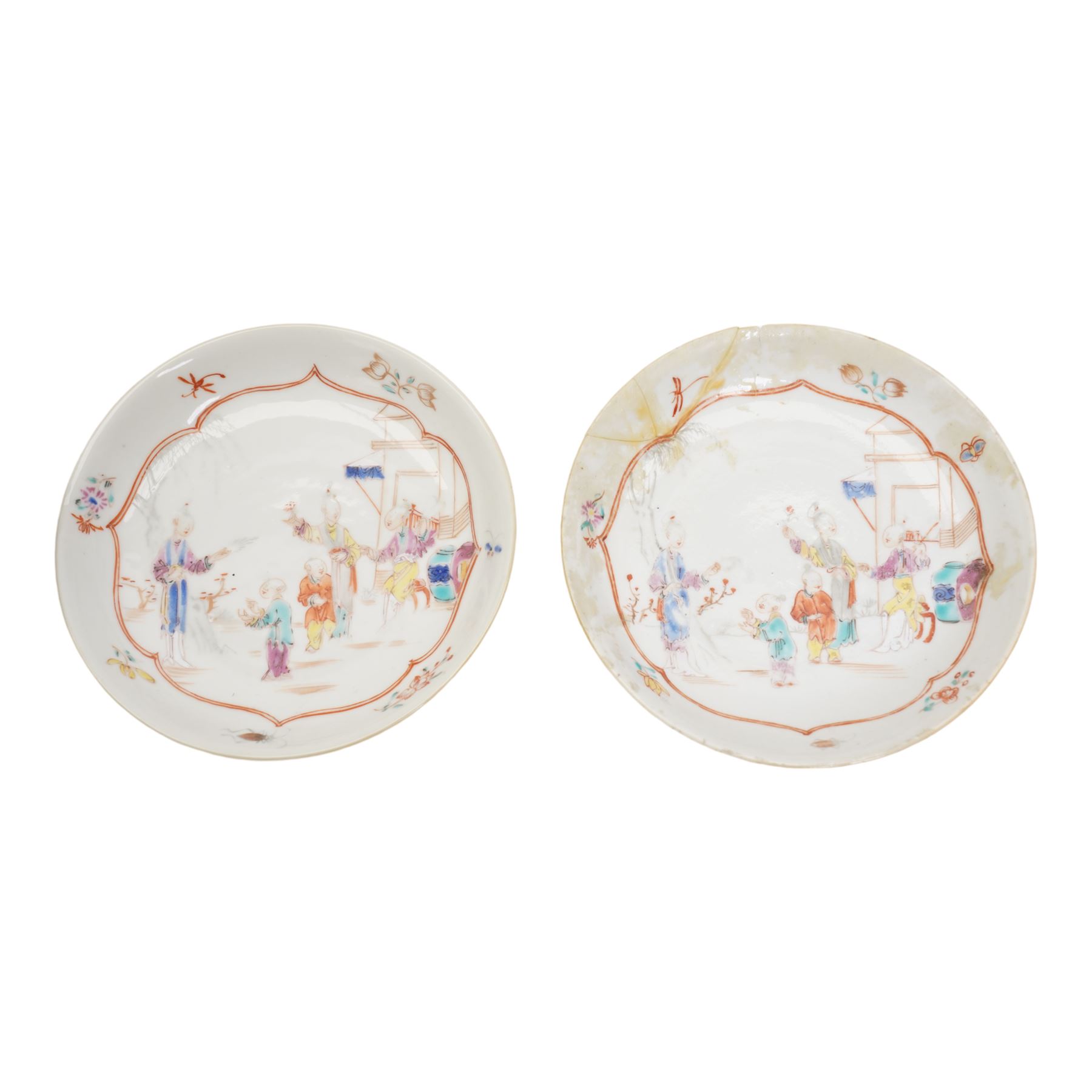 Pair of 18th century Chinese Export famille rose porcelain dishes, enamelled with figures and children in a garden setting within an iron red quatrefoil border, D12cm, together with three famille rose plates, D23cm and two bowls (7)