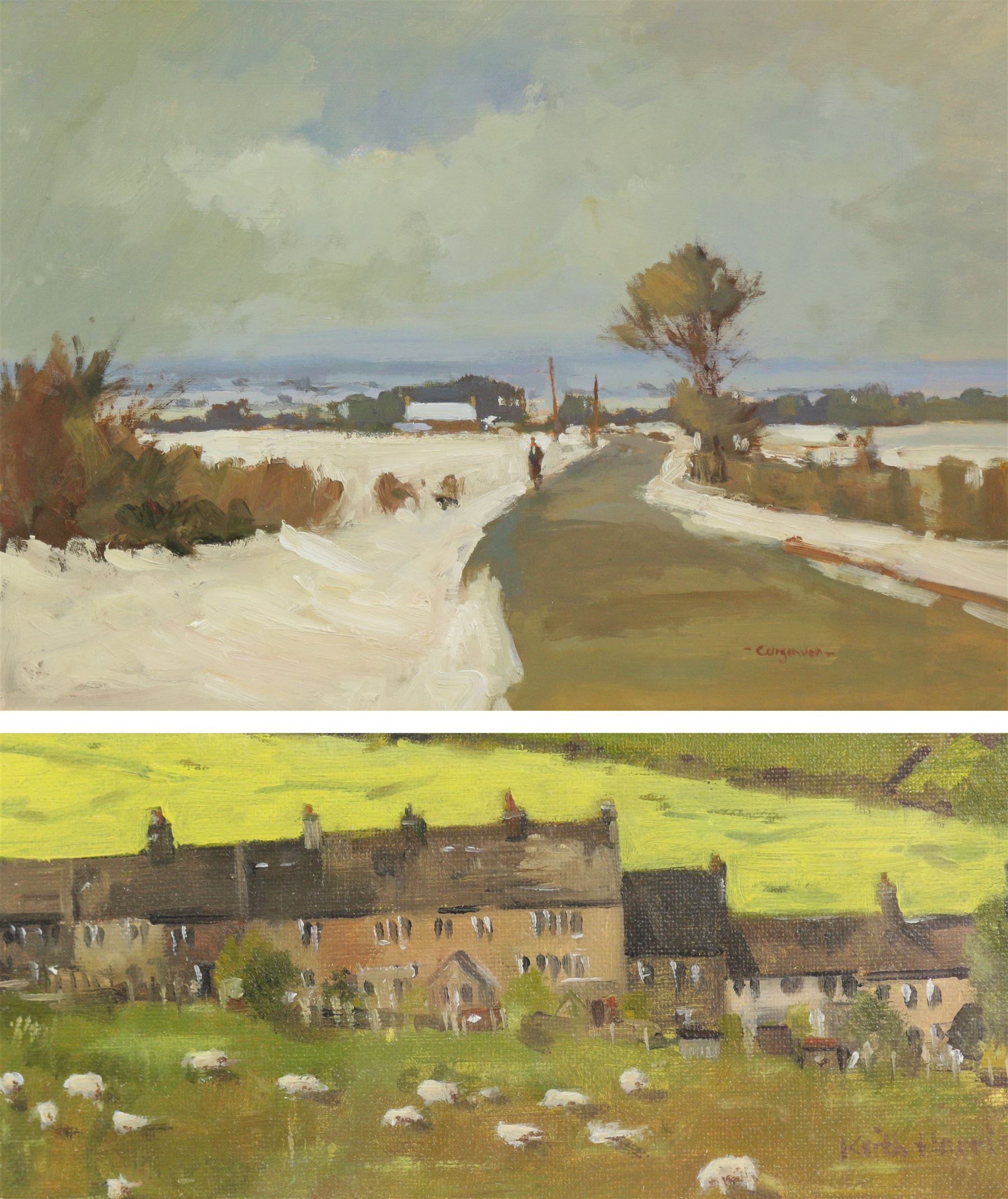 Michael Curgenven (Scottish Contemporary): 'A Moorland Road - Near Halifax', oil on board signed, titled verso 26cm x 38cm; Keith Harris (Yorkshire Contemporary): 'Thurstonland Cottages', oil on board signed, titled verso 10cm x 21cm (2)