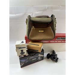 Three Lowepro camera backpacks, to include Phototrekker AW example, together with a Compass camera bag, Delta HC1 hideclamp, Hama Alpha 60 tripod and a collection of ball heads, including Manfrotto and Velbon examples