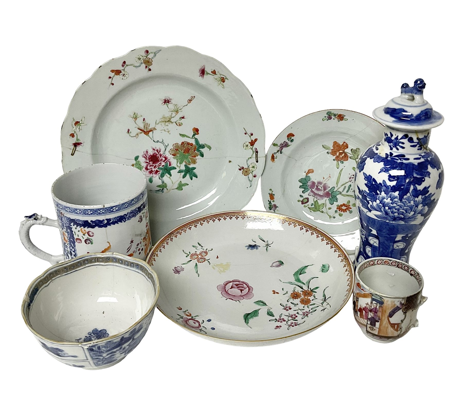 Collection of 19th century and later Chinese ceramics, to include Chinese export porcelain mug, with polychrome floral decoration, blue and white vase, of squat baluster form with cover, etc