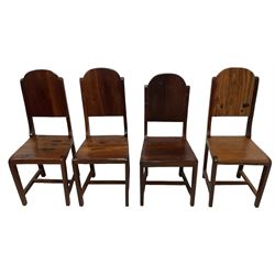 Mid-to-late 20th century teak dining table, rectangular top with canted corners, on square tapering supports with spade feet (214cm x 119cm, H76cm); and a set of eight Burmese reclaimed teak dining chairs, high arched back over panelled seat