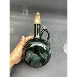 Bristol green glass flagon, together with glass rummer with slice cut flute upon a polished stepped foot, together with two other glasses 