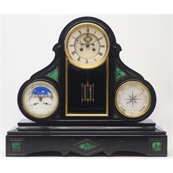  Late 19th century black slate perpetual three dial calendar clock, white enamel Roman dial with visible brocot escapement, twin train movement striking the hours and half on bell, calendar dial with moonphase, month, date and day subsidiary dials, and aneroid 'Metallic' barometer, malachite inlays and engraved detail, W60cm, H53cm  