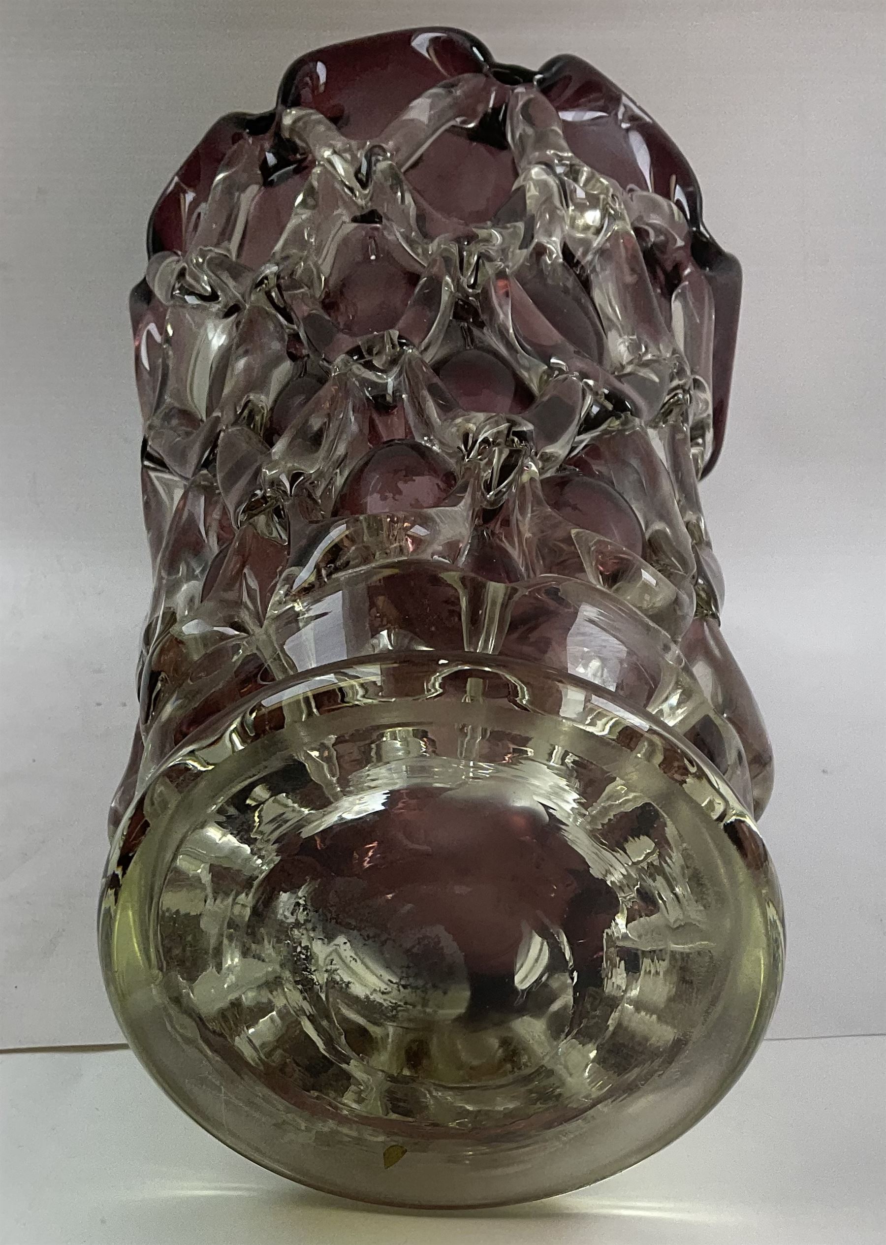 Large 20th century Italian hand blown amethyst glass vase, possibly Murano, with lattice effect overlay, H33.5cm