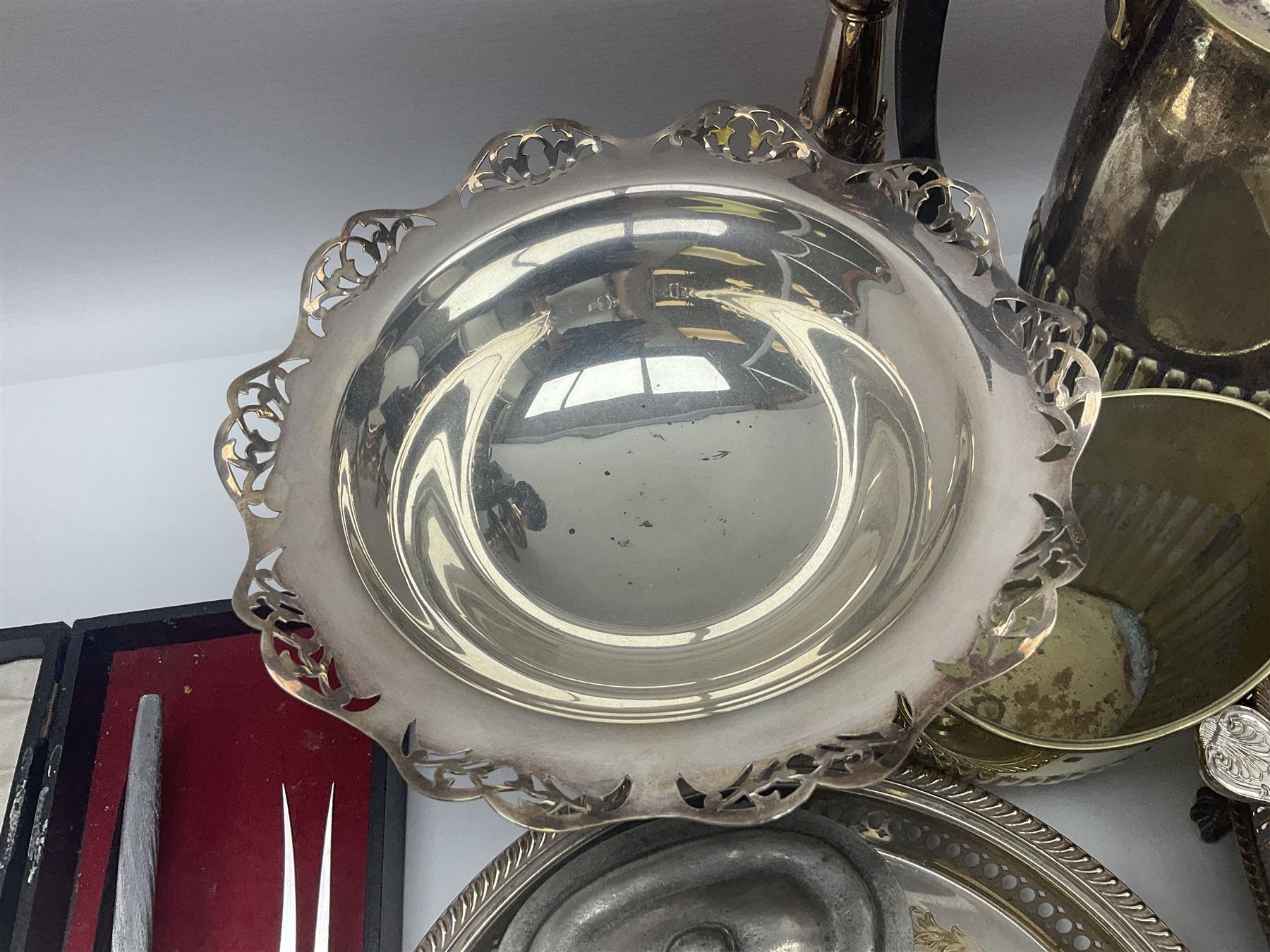 Collection of silver plate, to include pedestal dish, candle sticks, tea service etc  