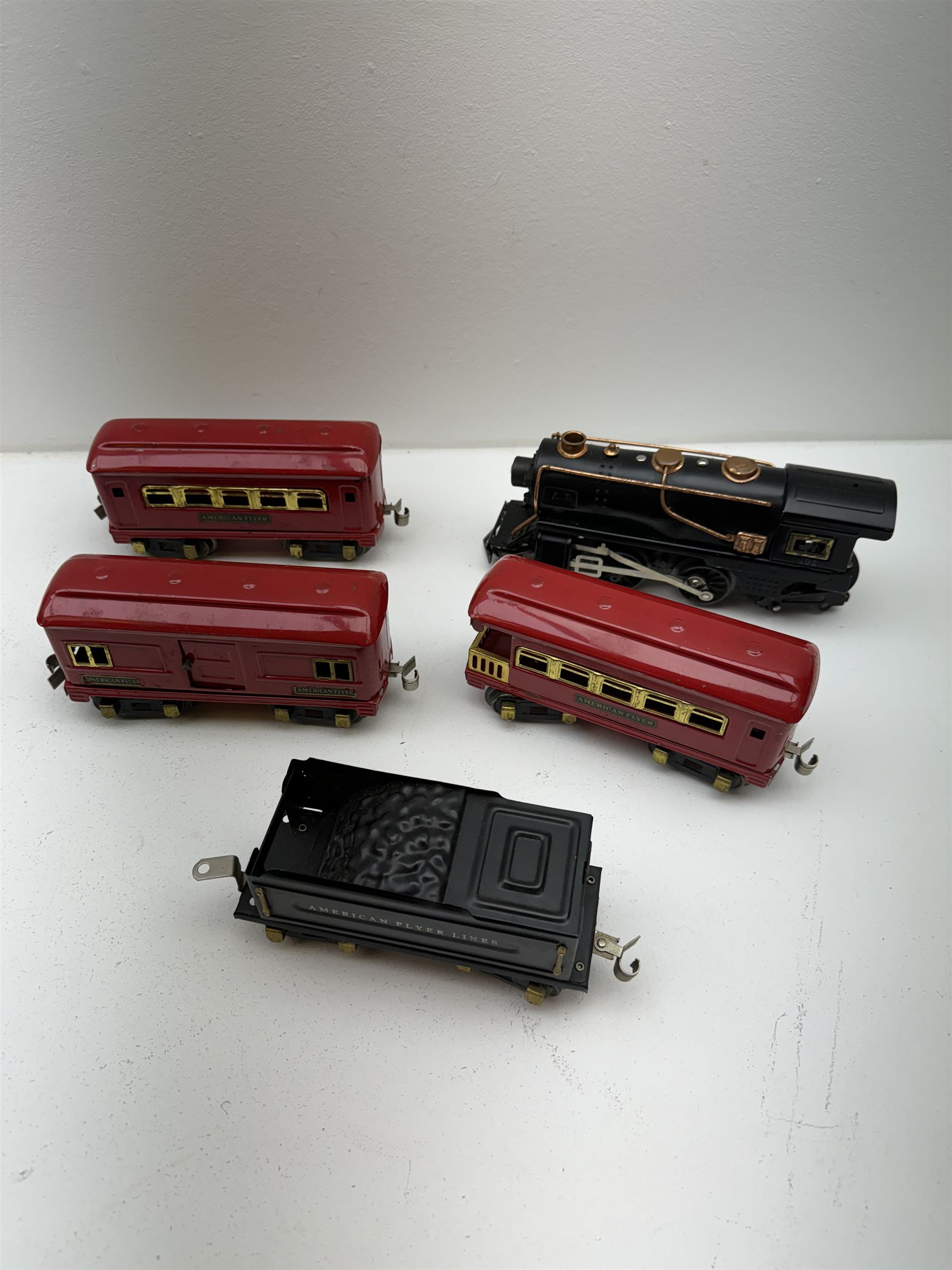 American Flyer O gauge 2-4-4 no. 401 locomotive and tender, red baggage car, coach and observation car, all with original boxes, various track, Smoothflow power unit etc 