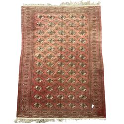 Afghan Bokhara red ground rug, the field decorated with five rows of Gul motifs, guarded border decorated with lozenges and geometric pattern 