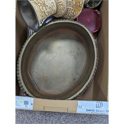 Indian metal ware, including bowl and chargers, together with a composite brush pot and other brassware