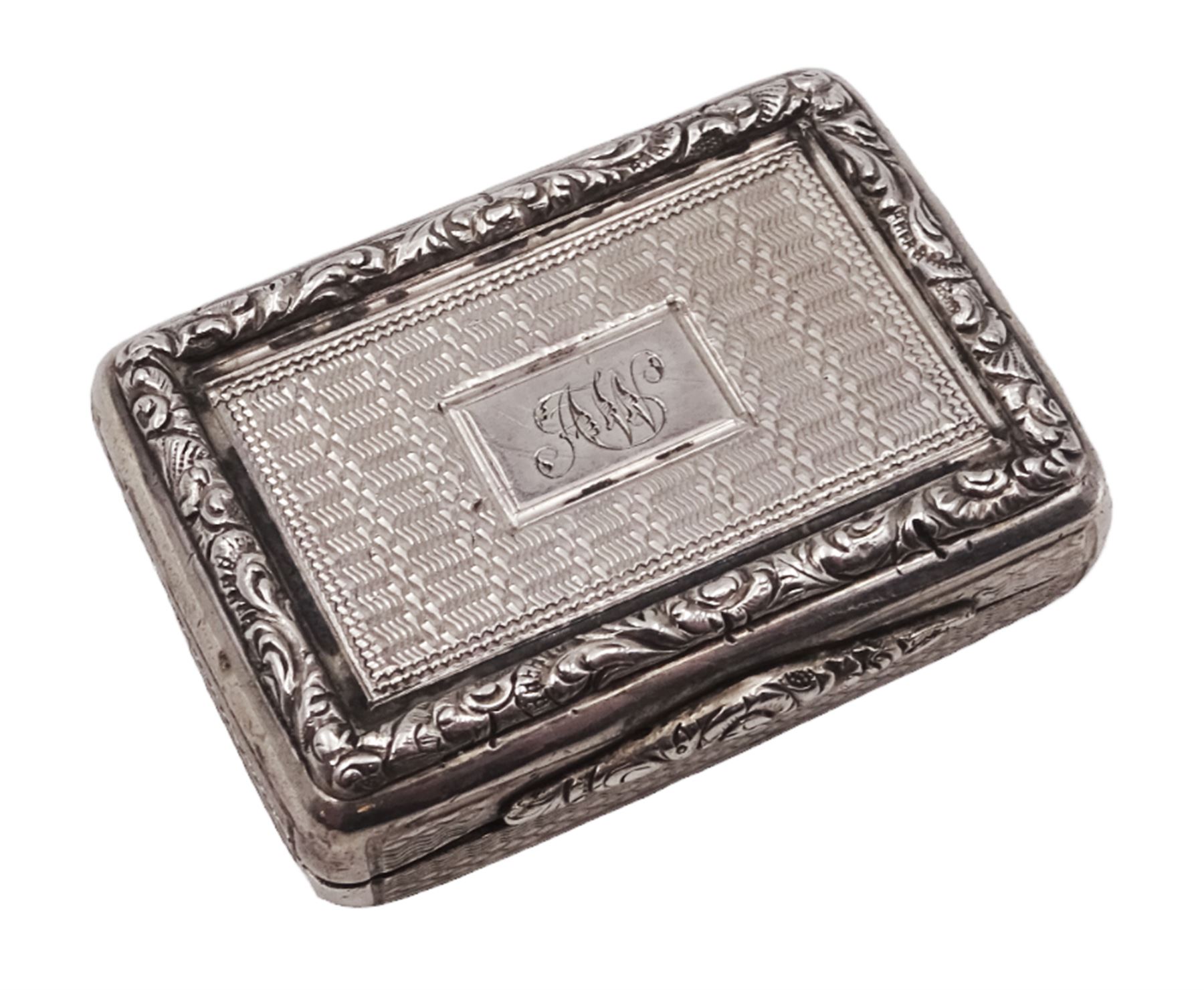 William IV silver vinaigrette, of rectangular form, with engine turned decoration throughout, chased scrolling borders and engraved cartouche to hinged cover, opening to reveal gilt interior with typical pierced cover, hallmarked Charles Reily & George Storer, London 1834, W3.7cm