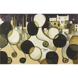 In the style of Patrick Hayman (British 1915-1988): Abstract Figures in a Town, oil on board bearing signature, 48cm x 71cm 