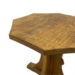 Mouseman - oak occasional table, octagonal adzed top, cruciform pedestal on sledge feet, carved with mouse signature, by the workshop of Robert Thompson, Kilburn 