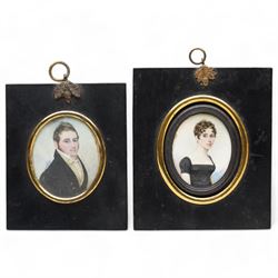 English School (Early 19th century): Portrait of a Regency Lady and Gentleman Wearing Blac...