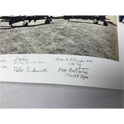 Pair of unframed montages each with images of four WWII fighters with multiple signatures in the bottom margin 42 x 58cm; loose leaf album containing various photographs and signatures, predominantly airmen, including two 1960s menu programmes for the Victoria Cross and George Cross Associations each bearing multiple signatures, limited edition Battle of Britain etc; two WWII Regimental photographs; various military related booklets etc