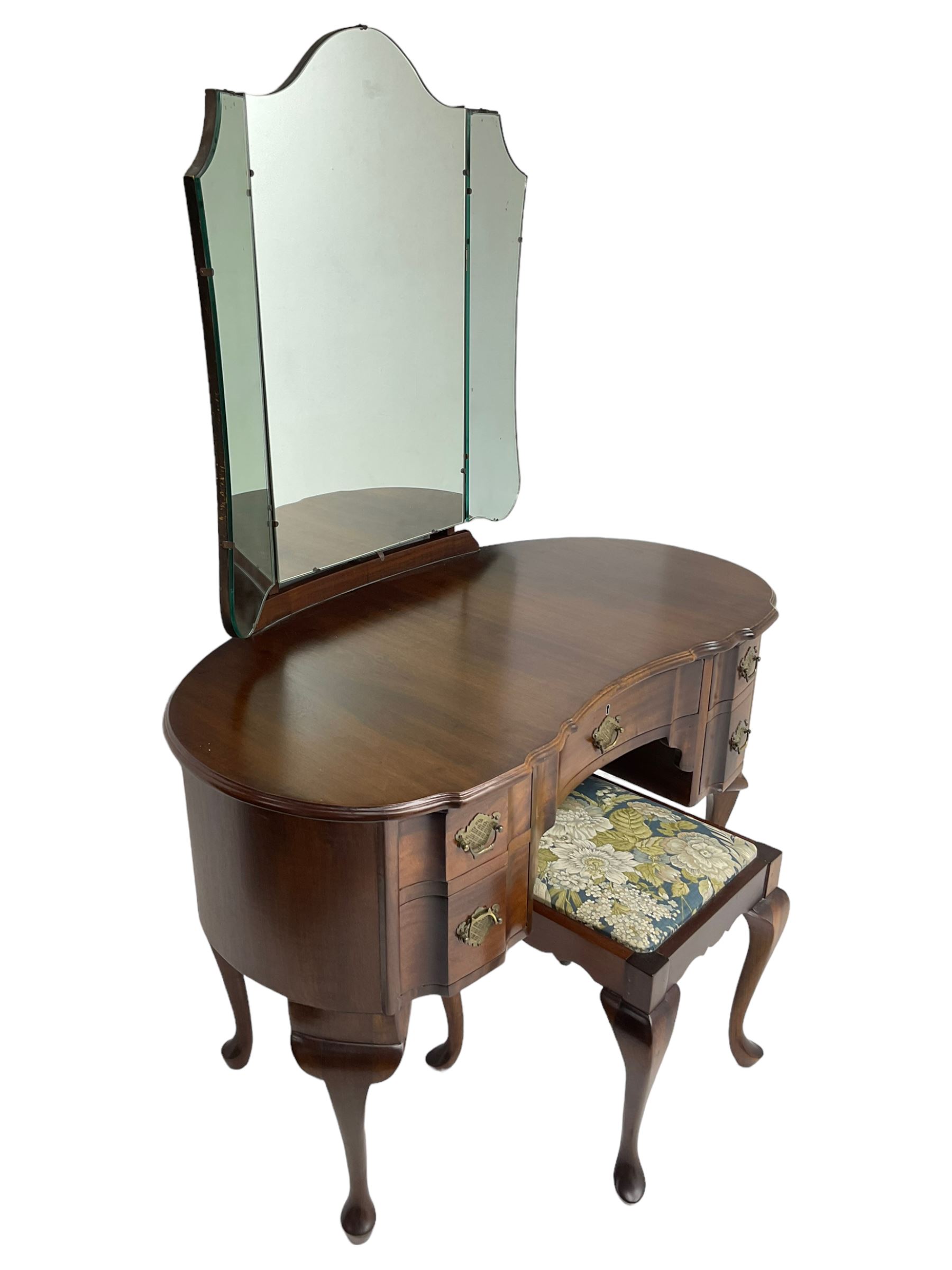 Early 20th century Dutch design mahogany kidney-shaped dressing table, raised triple mirror back, fitted with central frieze drawer flanked by four graduating drawers, on cabriole supports, with stool