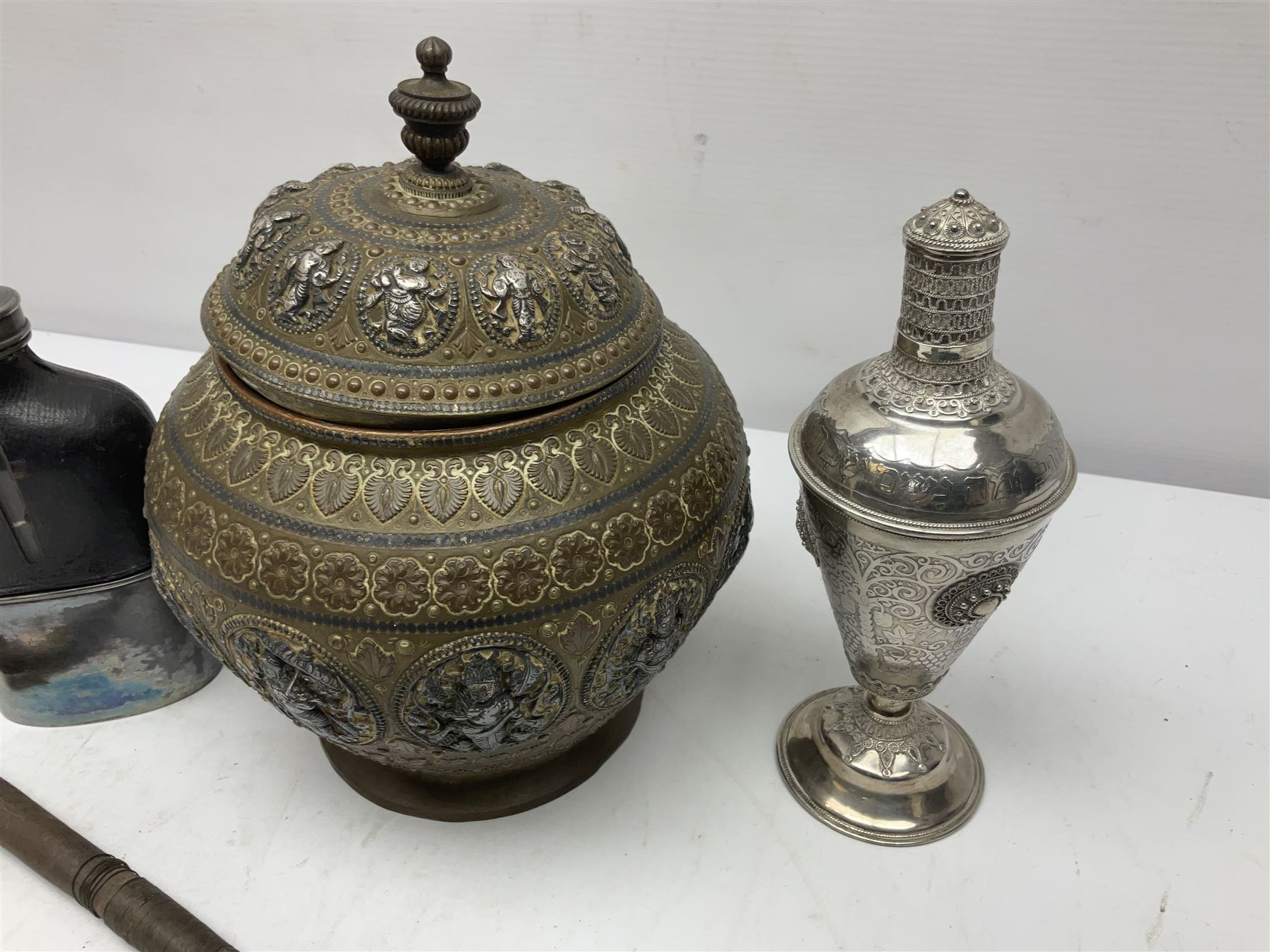 Indian lidded jar; Victorian hip-flask; native spear head; white metal bottle and French trinket box